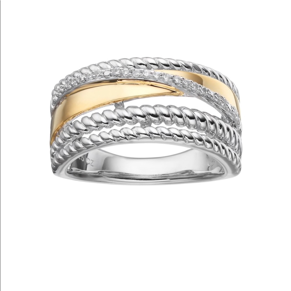 Diamond Two Tone Sterling Silver Crisscross Ring